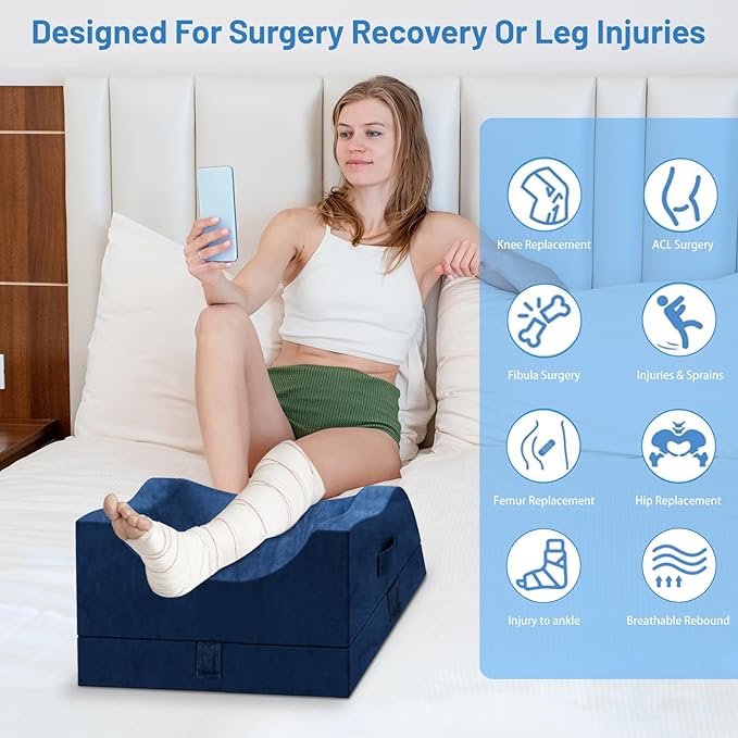 Double Leg Elevation Pillows, Wedge Pillow for After Surgery, Memory Foam Support Adjustable, Comfort Care for Back Knee Hip Ankles Pain, Knee Pillow for Sleeping Blood Circulation Blue