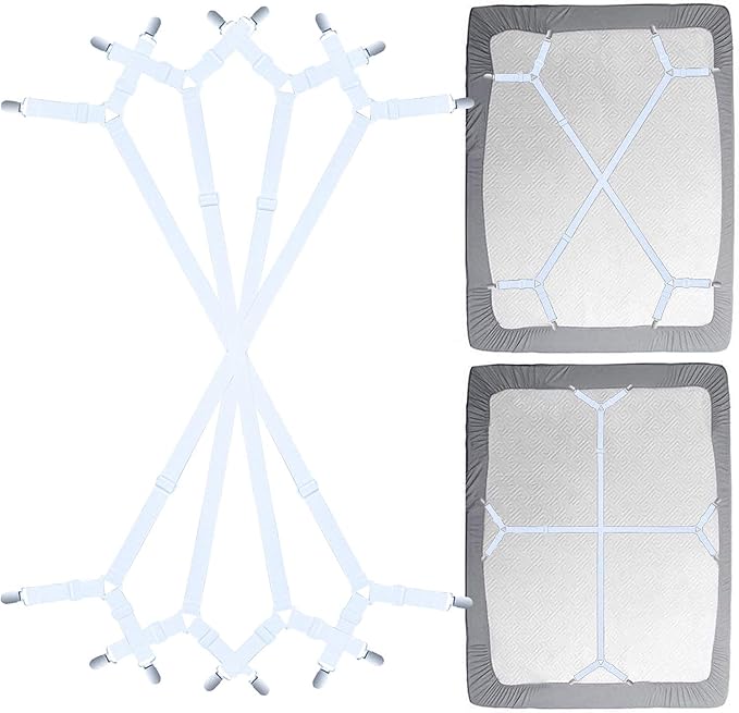 Bed Sheet Fasteners Straps - 2 Way Adjustable Crisscross Sheet Corner Holder Straps Clips Gripper Elastic Sheet Band Suspenders Fasteners(2 Set/4Pcs, White)
