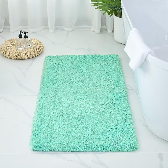 Bathroom Rugs 48x24, Ultra Thick Shaggy Soft Microfiber Absorbent Bath Rug, High Density Foam Latex Non Slip Backing, Machine Washable Bath Mats for Bathroom Floor & Sink, Spa Blue