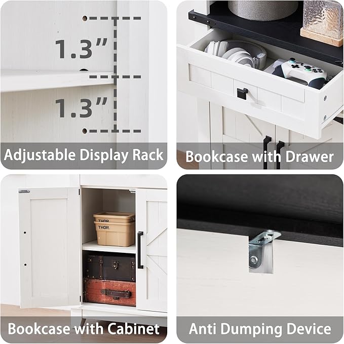 72in Tall Bookshelf 7 Tier Bookcase with Drawer and Barn Doors and Adjustable Shelves, White Farmhouse Book Shelf with Storage Cabinet, Wood Freestanding Display Bookshelves for Kitchen (4PCS)