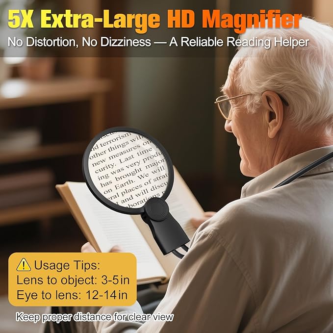Hands Free Magnifying Glass with Light for Close Work, 5.5 Inch 5X Lighted Magnifying Glass, Neck Wear Magnifier for Reading Books, Sewing, Cross Stitch, Low Vision Seniors with Aging Eyes