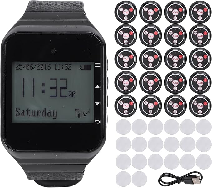 Wireless Caregiver Pager Call for Patient Nurse Alert System for Elderly Monitoring 328ft Water Proof Call Bell for Home 1 Receiver Wrist Pager 20 Desk Call Bells (Black)
