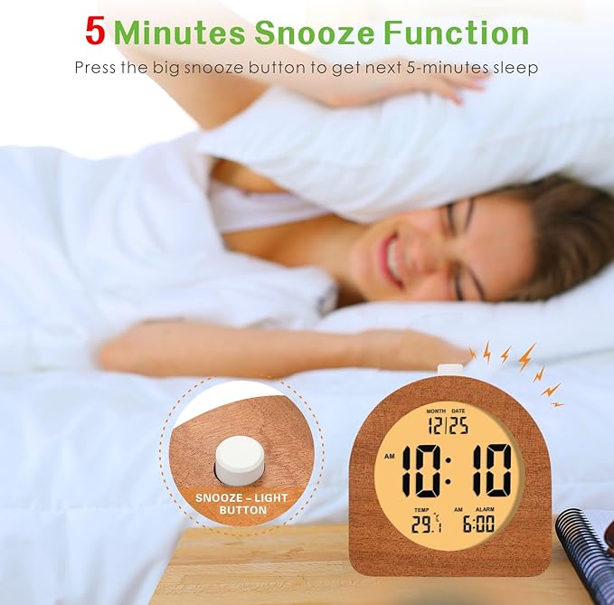 Plumeet Wooden Digital Alarm Clock for Bedrooms, Wood 4'' Battery Powered Alarm Clock with Snooze and Nightlight, Electronic LCD Desk Clock Display Time, Date, Temp, 12/24H, Wood Décor, Round, Sapele