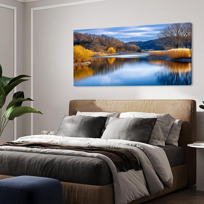 Beautiful Yellow Forest Park Wall Art for Living Room Office Calm Lake Blue Painting Prints Nature Autumn Canvas Artwork Over The Couch Bedroom Decor Large