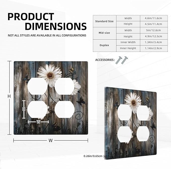 Rustic Wood Background Floral Butterfly Daisy Outlet Covers 2 Gang Double Duplex Decorative Light Switch Covers Electrical Wallplates Socket Faceplate for Farmhouse Bedroom Decor