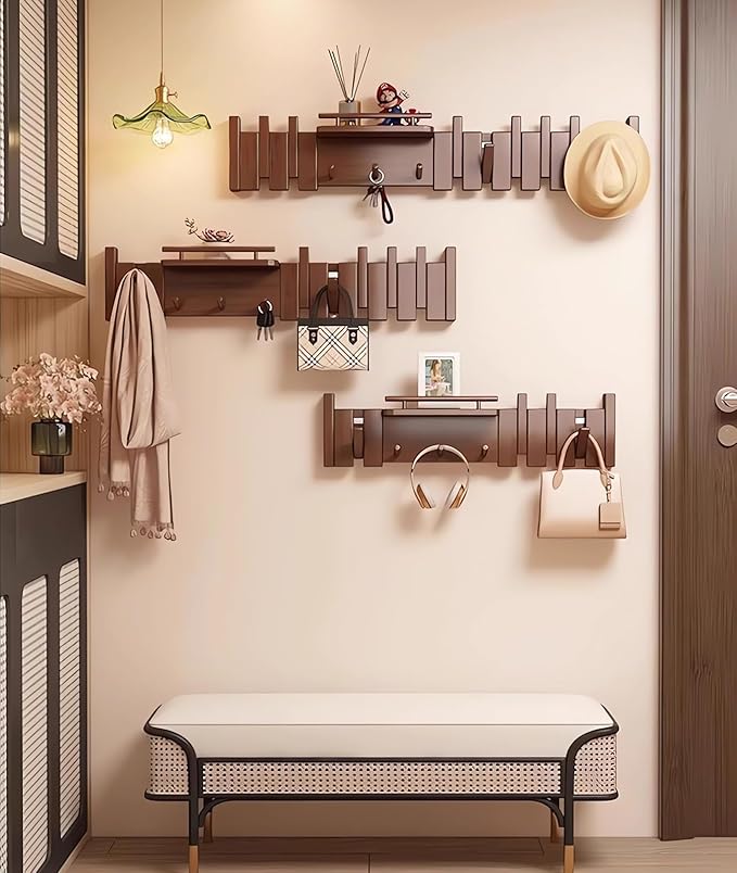 Wall Mounted Piano Key Hanger | Flip Style Hook | Entrance Wall Art Hook, Made of Oak Wood (3 Times Painted, 4 Times Polished) (Fence Walnut, 12Hooks)