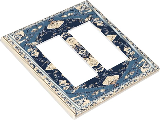 Decorative Outlet Covers Boho Beige Navy Blue Medallion 2 Gang Light Switch Cover Plate Double Rocker Wall Plate Gfci Switch Plate Covers for Country Bathroom Bedroom Decor