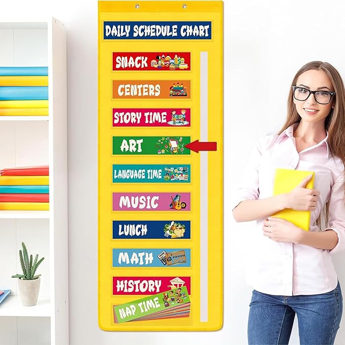 Classroom Schedule Pocket Chart - Visual Kids Daily Schedule Calendar, Interactive Teaching Tool, Colorful Organization Chart | Learning Education Home Use For Daycare Homeschool Teacher Kids toddlerr
