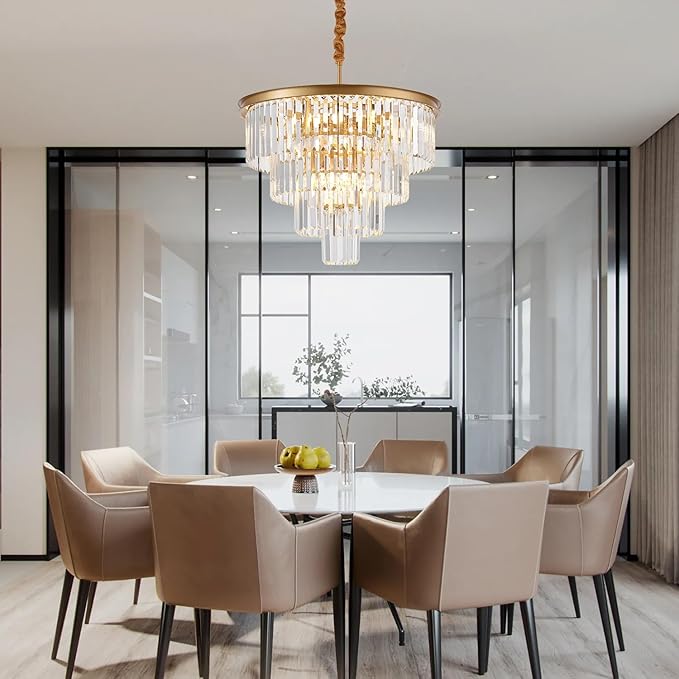 4-Tiers 23.6" Gold Crystal Chandelier Modern 12-Light Contemporary Crystal Pendant Chandeliers Light Fixture Hanging Lighting for Dinning Room Entryway Bedroom Foyer High Ceiling