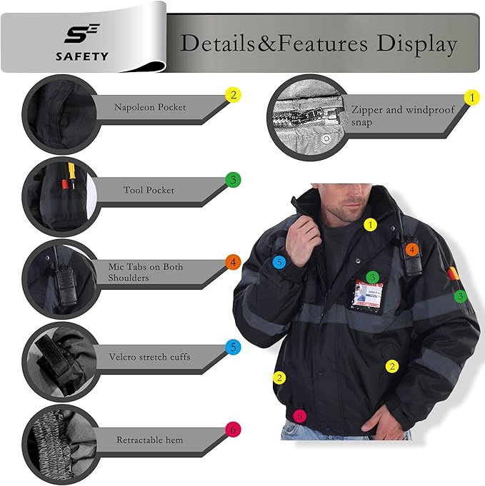 sesafety Reflective Jacket for Men, High Visibility Jackets, Safety Jackets for Men, Hi Vis Construction Bomber Jackets Waterproof with Pockets and Zipper, Black Bottom, Class 3