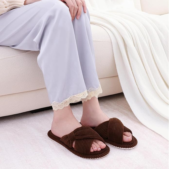 Evshine Fall House Slippers for Women Corduroy Cross Bow Indoor Slippers Open Toe Slip On Bedroom Shoes with Memory Foam