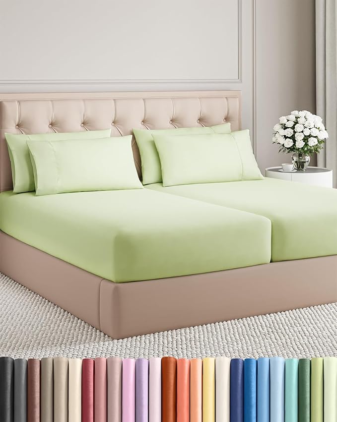 Split King 7 Piece Sheet Set - Cooling & Breathable Bed Sheets - Hotel Luxury Bed Sheets for Women, Men, Kids & Teens - Deep Pockets - Easy Fit - Soft and Wrinkle Free - Split King Light Sage Sheets