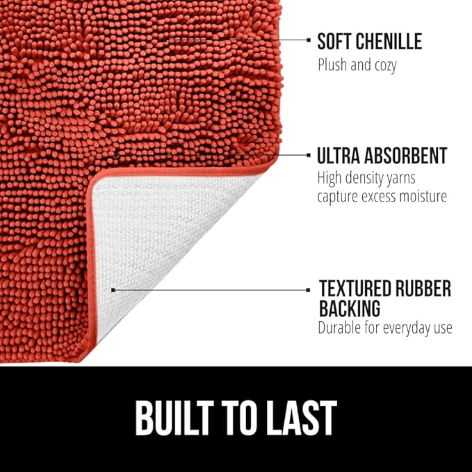 GORILLA GRIP Bath Rug Mat 30x20, Thick Soft Absorbent Chenille, Quick Dry Microfiber Mats, Rubber Backing Washable Shower Floor Rugs, US Designed Bathroom Bathmat Accessories, Decor, Sunset Orange