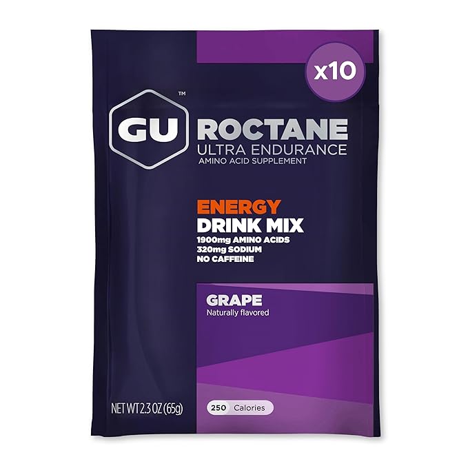 GU Energy Roctane Ultra Endurance Energy Drink Mix, Vegan, Gluten-Free, Kosher, Caffeine- Free, and Dairy-Free n-the-Go Energy for Any Workout, 10 Single-Serving Packets, Grape