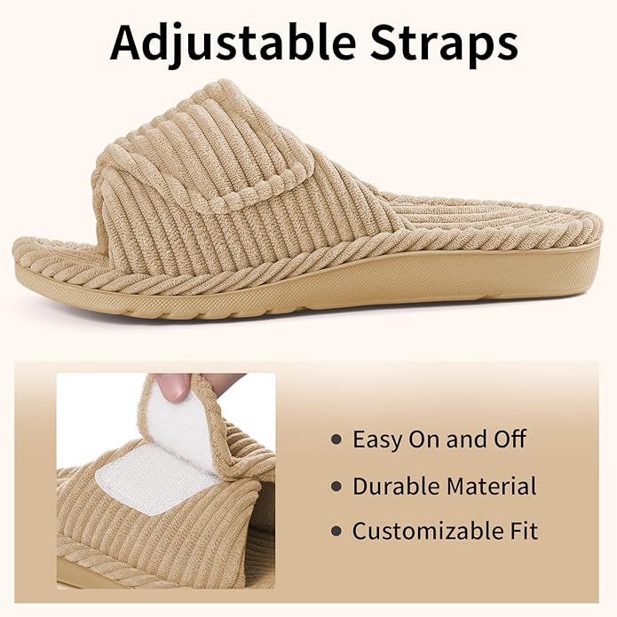 Litfun Orthopedic House Slippers for Women Adjustable Arch Support Indoor Slippers Open Toe Corduroy Bedroom Shoes