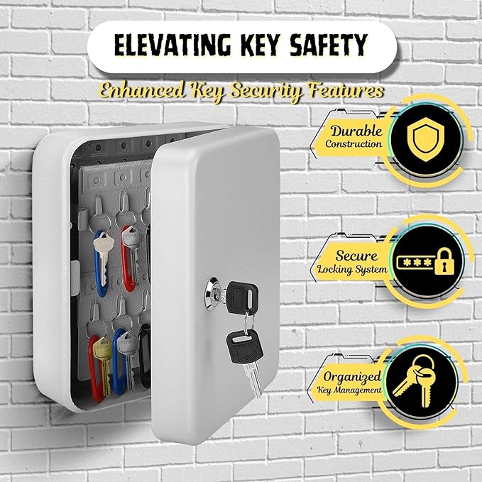 Flexzion Key Box Wall Mount With Code - 40 Capacity Key Box Organizer, Lock Box Key Holder, Secure & Durable Key Storage Box Cabinet with Colored Tags & Hooks for Homes & Business, Gray