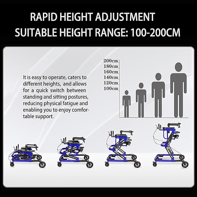 Rehabilitation Walker with Stand-Up Support, Height Adjustable 23-51 inches, 330 lbs Capacity, 4-Wheel Mobility Aid for Adults (Blue)