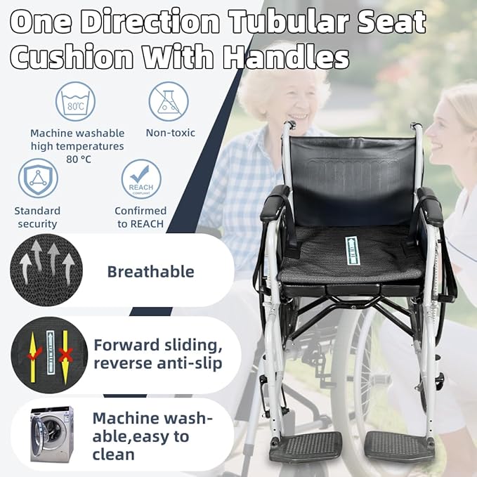 One Way Transfer Support Cushion, Non Slip Tubular Pad for Fall Prevention in Chair & Wheelchair, Elderly/Disabled Assistance, 17"x17" (Black-with Handles)