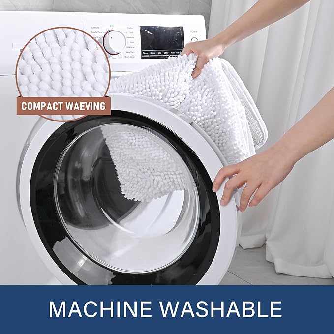 LOCHAS Luxury Bathroom Rug Shaggy Bath Mat 24 x 70 Inch, Washable Non Slip Bath Rugs for Bathroom Shower, Soft Plush Chenille Absorbent Carpets Mats, White
