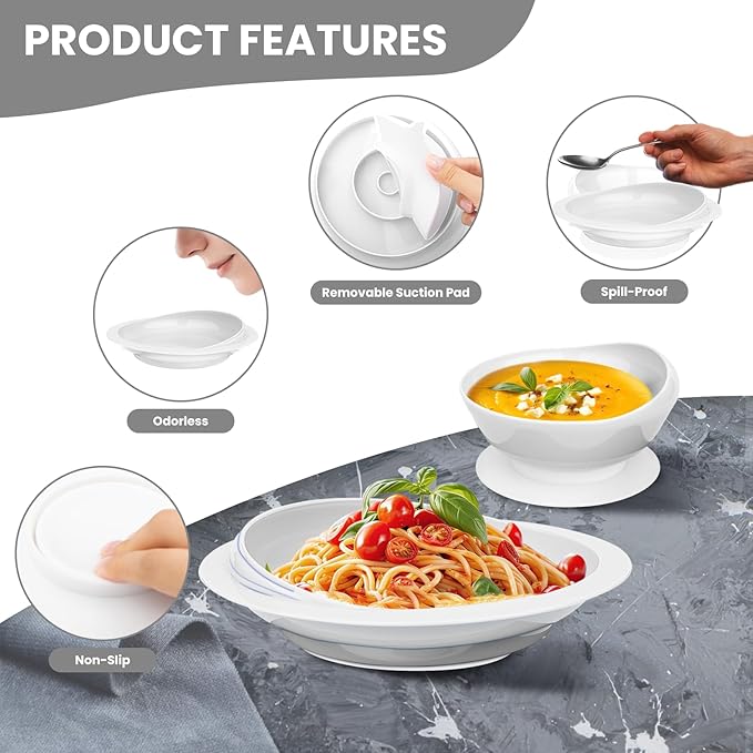 Spill Proof Scoop Plate and Bowl with Non-Skid Suction Base, Adaptive Self-Feeding Dinnerware for Elderly and Disabled(White)