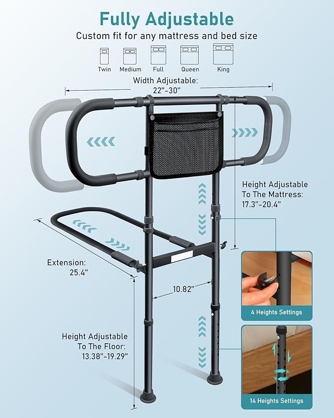 AMOVO Bed Rails for Elderly Adults Safety Bed Guard Rails for Seniors Extended Handle Bed Assist Rail with Sensor Light Storage Pouch, Stable Bedside Cane Support Bar Grab, Fit King Queen Full Twin