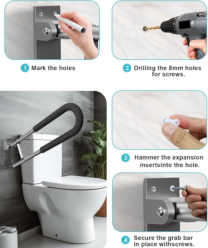 Foldable Toilet Safety Grab Bar, Aluminum Alloy Wall Mounted Handicap Support Rail for Elderly, Disabled, or Recovery Use, Bathroom Handicap Bars for Toilet or Shower