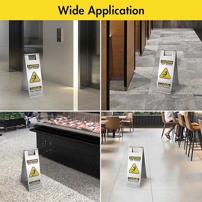 2 Packs Wet Floor Sign Stainless Steel for Business, Commercial Caution Wet Floor Sign Double Sided & Bilingual, Size 24'' * 9''，Silver