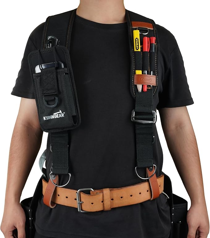 KUNN Leather Tool Belt Suspenders Construction Bag Suspenders Molded Air Channel Work Belt Suspender for Carpenter Electrician,Brown
