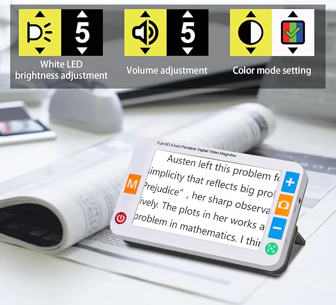 Digital Magnifier 5 Inch,Electronic Auto Focus Reading Aid Simplified Buttons Digital Video Magnifier for The Visually Impaired, Low Vision, Color Blindness, Amblyopia,26 Color Modes