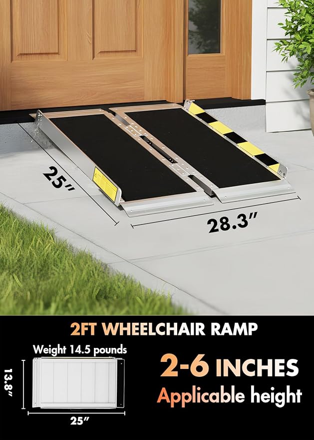 Protable Wheelchair ramp 2FT,Non-Slip Folding Aluminum Handicap Ramps,Threshold Ramps for Home,Holds up to 800lbs,Wheelchair ramp for Steps,Mobility Scooter,Stairs,Doorways (Non-Slip 2FT)