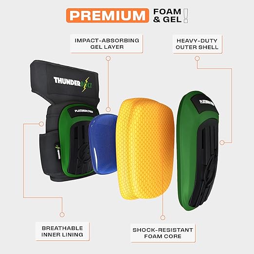 Thunderbolt Knee Pads for Men Construction Knee Pads for Work for Men and Women with Double Gel for Gardening Flooring Roofing Heavy Duty with Extra Thick Foam and Strong Adjustable Non-Slip Straps