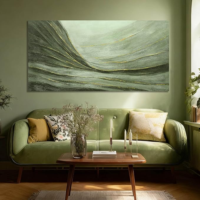 MLART99 Large Green and Gold Abstract Canvas Wall Art 24x48 Inch Modern Minimalist Painting for Living Room Bedroom Office Above Couch Wall Decoration Home Décor