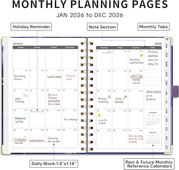 AHGXG 2026 Planner, Weekly and Monthly Planner for Women, Jan 2026 - Dec 2026, Medium Size (5.7" x 8.3"), Calendar 2026, Hardcover with Monthly Tabs, Spiral-Bound, Black-Starry Sky