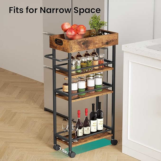 Slim Storage Cart, 4 Tier Rolling Cart with Handle, Rolling Carts with Wheels, Metal Frame Narrow Cart for Small Spaces for Kitchen, Dining Room, Bathroom, Laundry Room, Office