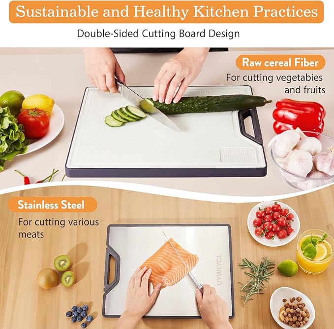 Stainless Steel Cutting Board, Double-Sided Cutting Board with Knife Sharpener, Stainless & Wheat Straw PP, Food-Grade Metal Chopping Board for kitchen, Large Size 16"x11"