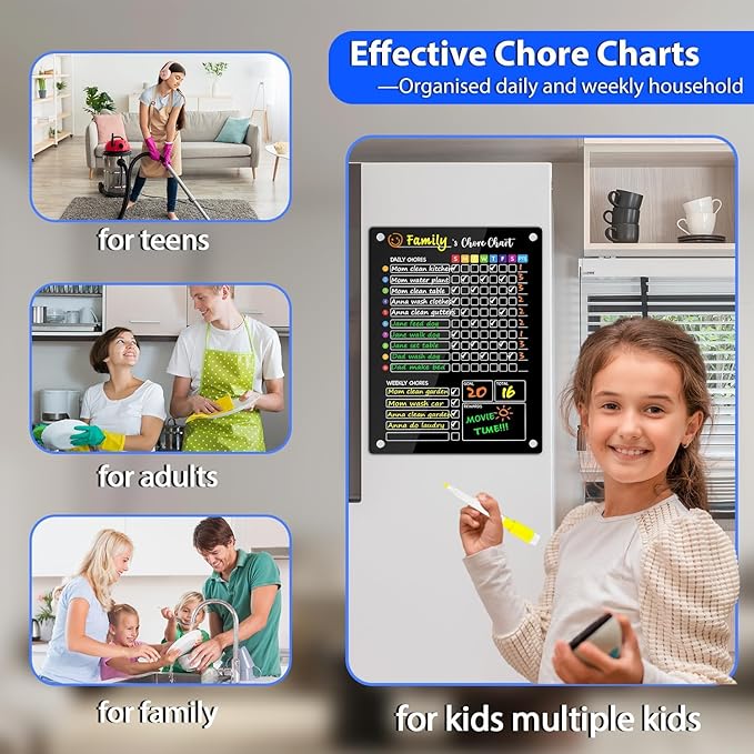 PigPotParty Black Acrylic Magnetic Chore Chart for Multiple Kids, 12"x16" Reward Responsibility Chart, 2 Pcs Daily Weekly Dry Erase Fridge Chore Board Checklist for Teens Adult, w/ 12 Markers & Towel