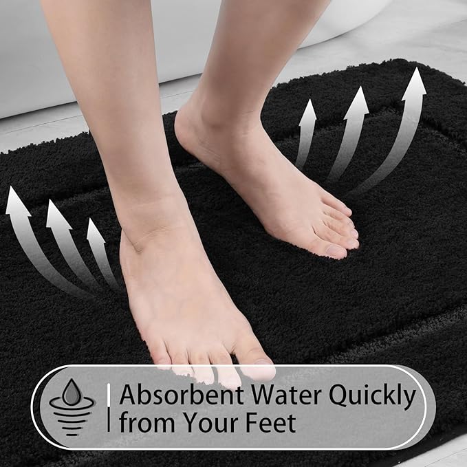 LOCHAS Bathroom Rug Set Black, Soft Bath Rug Set 2 Piece, Toilet Mat U-Shaped 20x20 and 34x20 Bath Rugs, Quickly Dry Mats for Bathroom, Tub, Washable, Super Absorbent Floor Mat