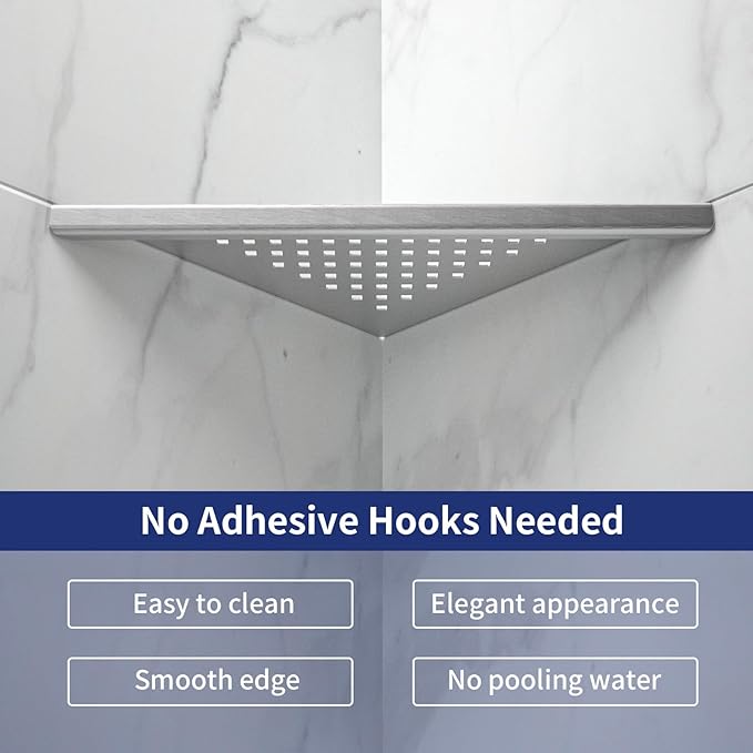 8'' Corner Shower Shelf 2 Pack, 304 Stainless Steel Grout in Shelves for Tiled Wall, Recessed Bathroom Shelf Rack, No Drilling Needed (8'', Silver)