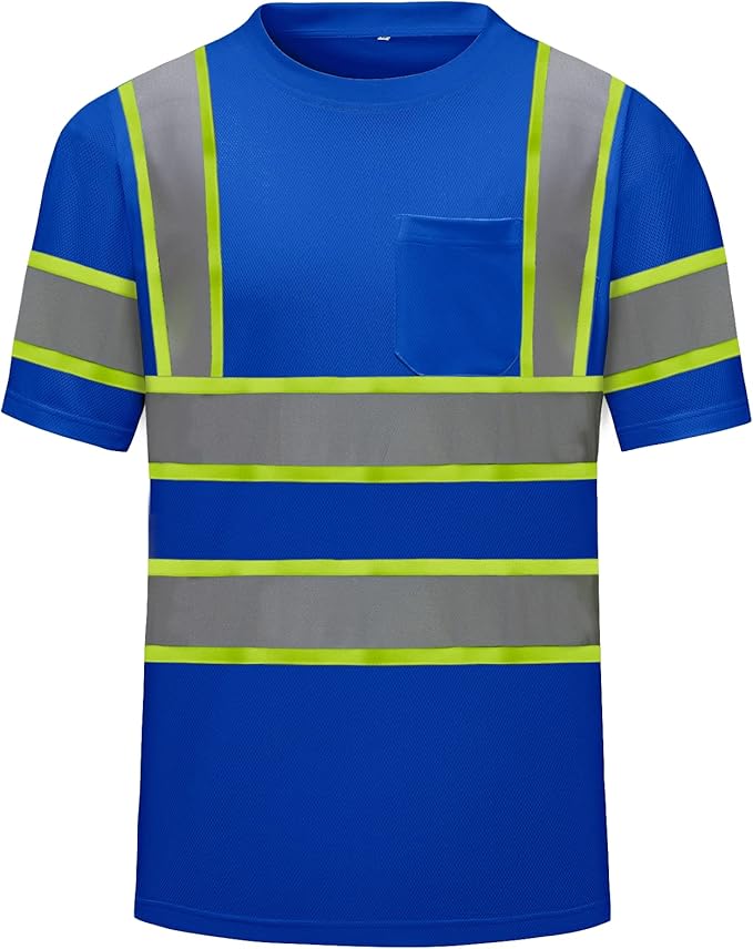 High Visibility Shirts Quick Dry Safety T Shirts with Reflective Strips and Pocket Short Sleeve Mesh Hi Vis Construction Work Class 2 Shirt for Men/Women Blue,Medium