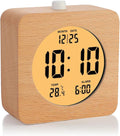 Plumeet Wooden Digital Alarm Clock for Bedrooms, Wood 4'' Battery Powered Alarm Clock with Snooze and Nightlight, Electronic LCD Desk Clock Display Time, Date, Temp, 12/24H, Wood Décor, Square, Brown