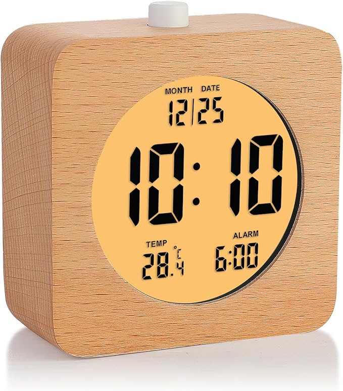 Plumeet Wooden Digital Alarm Clock for Bedrooms, Wood 4'' Battery Powered Alarm Clock with Snooze and Nightlight, Electronic LCD Desk Clock Display Time, Date, Temp, 12/24H, Wood Décor, Square, Brown