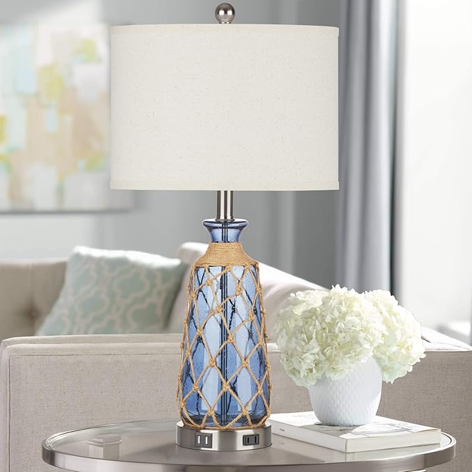 Coastal Glass Table Lamps, 3-Way Dimmable Touch Control Bedside Lamps with 2 USB Ports and AC Outlet, Blue Nautical Nightstand Lamps for Bedroom Living Room (LED Bulbs Included)