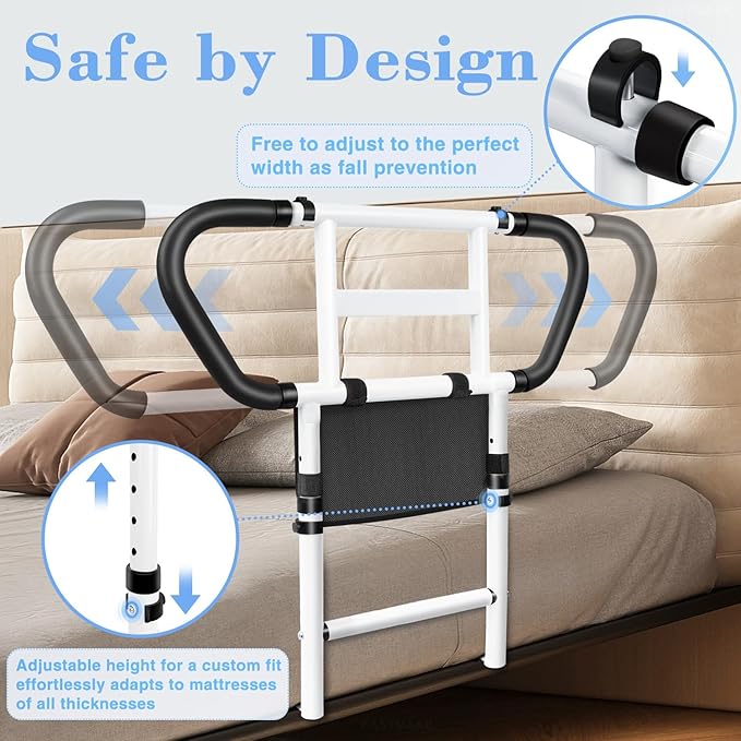 Bed Rails for Elderly Adults Safety: Adjustable Bedside Assist Rails with Storage Pockets, Non-Slip Handles, Motion Sensor Light, Items for Elderly Bed Rail, 400LB Gravity Capacity