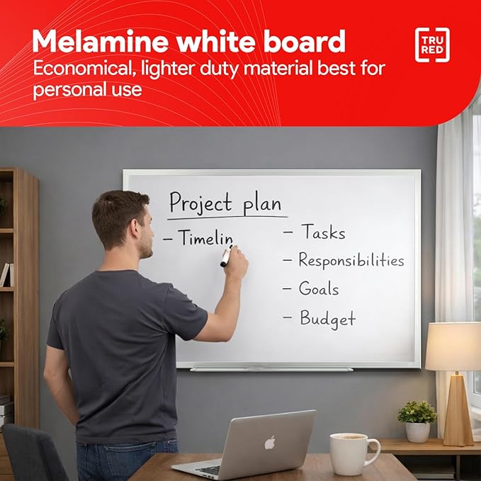 TRU RED Melamine Whiteboard | Dry Erase Board for Wall, White Board with Gray Aluminum Frame, 3 ft x 2 ft