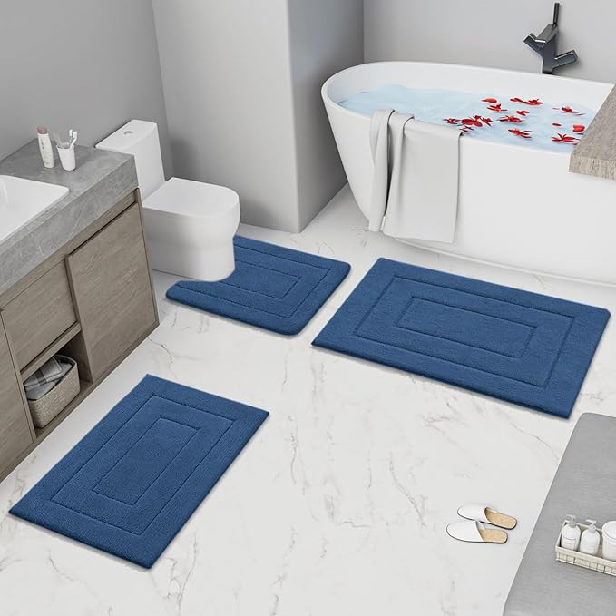Buganda Bathroom Rugs, 47" x 24", Soft and Absorbent Microfiber Bath Rugs, Non-Slip Shaggy Shower Carpet, Machine Wash Dry Bath Mats for Bathroom Floor, Tub and Shower, Navy