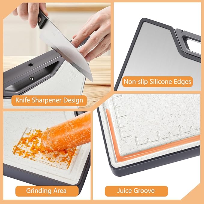 Stainless Steel Cutting Board, Double-Sided Cutting Board with Knife Sharpener, Stainless & Wheat Straw PP, Food-Grade Metal Chopping Board for kitchen, Large Size 16"x11"
