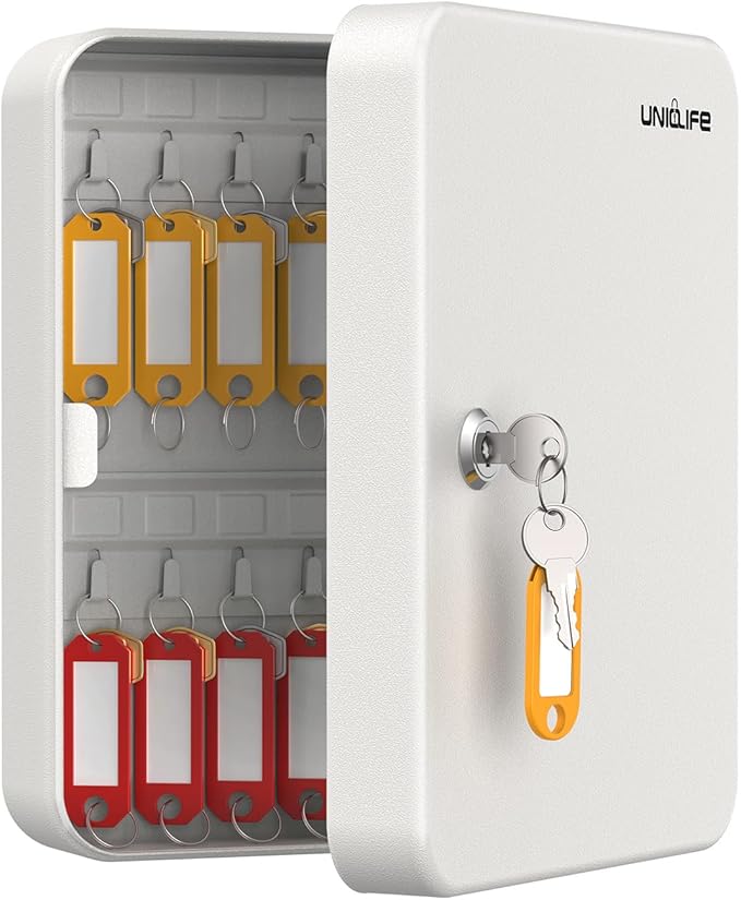 Uniclife 28 Position Key Cabinet with Key Lock Wall Mounted White Security Storage Box Steel Key Organizer with Colorful Key Tag Labels Stickers and Hooks
