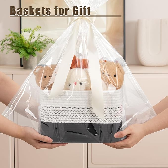 4 Pack Storage Baskets for Organizing, 13"X9"X7.87", Decorative Cotton Rope Baskets with Wave-Patterned Embroidery for Shelves, Small Woven Basket for Toys, Books and Towels, Black & White