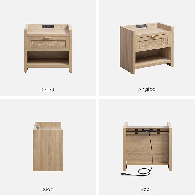 SICOTAS Rattan Nightstands Set of 2 Bedside Table - Boho Night Stand with Type-C Charging Station, Wicker Decor Drawer Storage End Table Night Stands for Bedroom - Light Oak