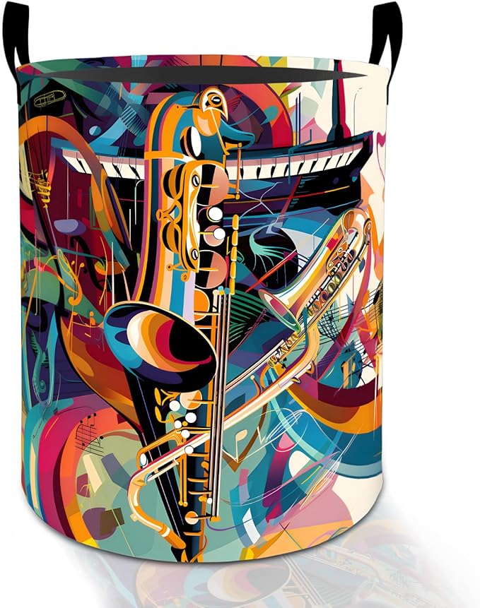 Colorful Jazz Music Laundry Basket Hamper for Boys Girls Kids Adults, Foldable Waterproof Oxford Clothes Storage Bin, Abstract Saxophone Organizer for Bedroom Bathroom Room Decor 19.7"x15.8"